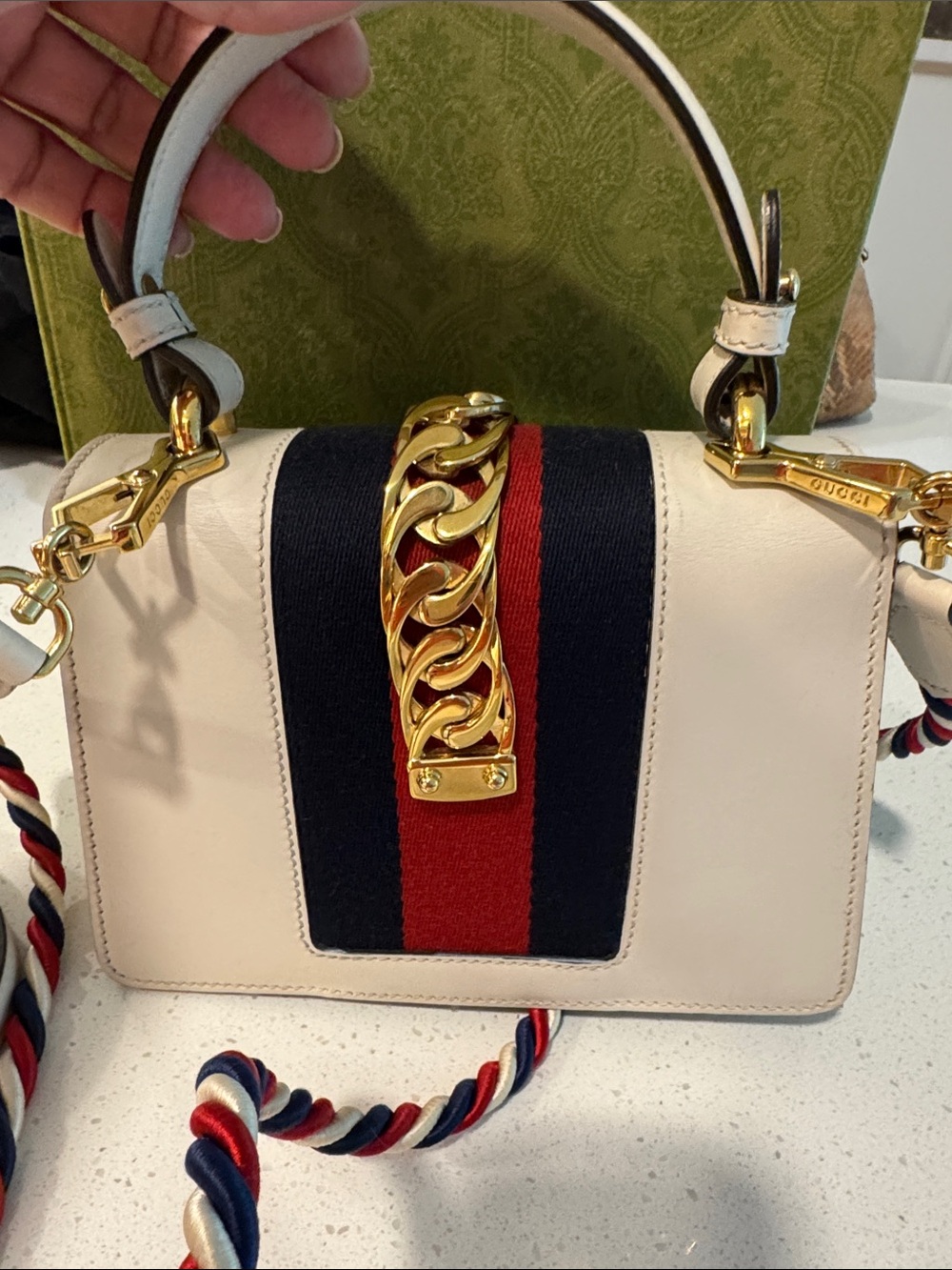 Gucci Ivory Mini Top Handle Bag with Red & Navy Web Stripe - Picture 5 of 5